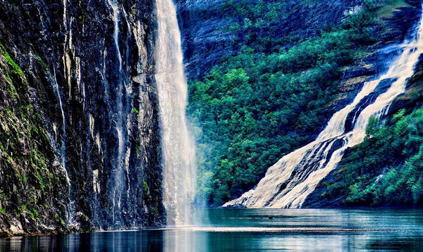 Double Waterfall at Dawn on The Fjord